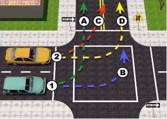 When turning left from a one way street onto a two way street you should: